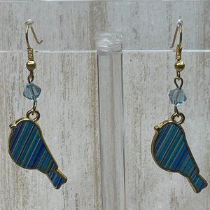 HANDMADE ARTISAN Blue Bird Striped Enamel Gold Tone Metal Earrings Dangle Hooks